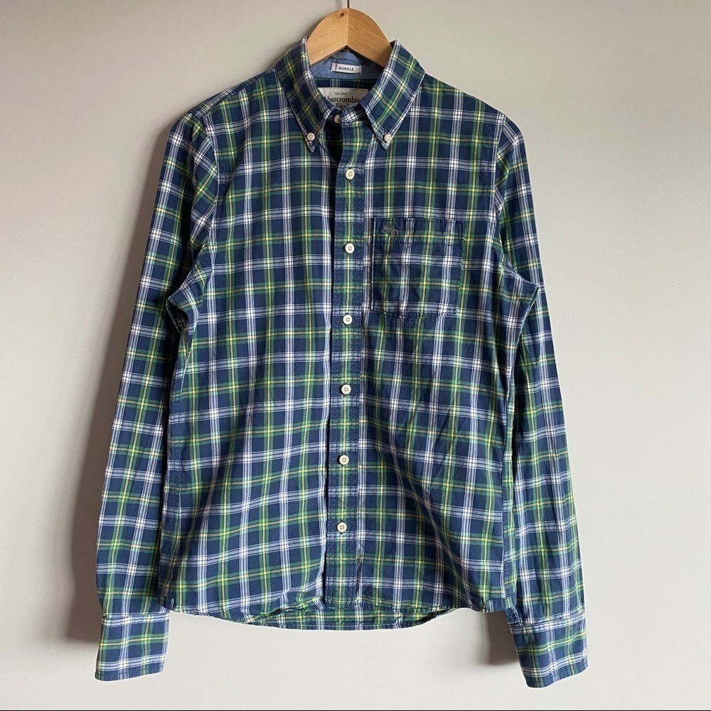 𝅺abercrombie & Fitch Muscle Fit Button Down Green Blue Plaid Shirt Men's Size S